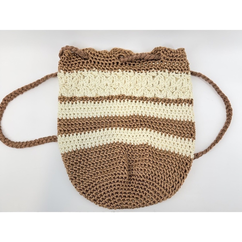 Coffee & Cream Colored Crochet Drawstring Boho Bag